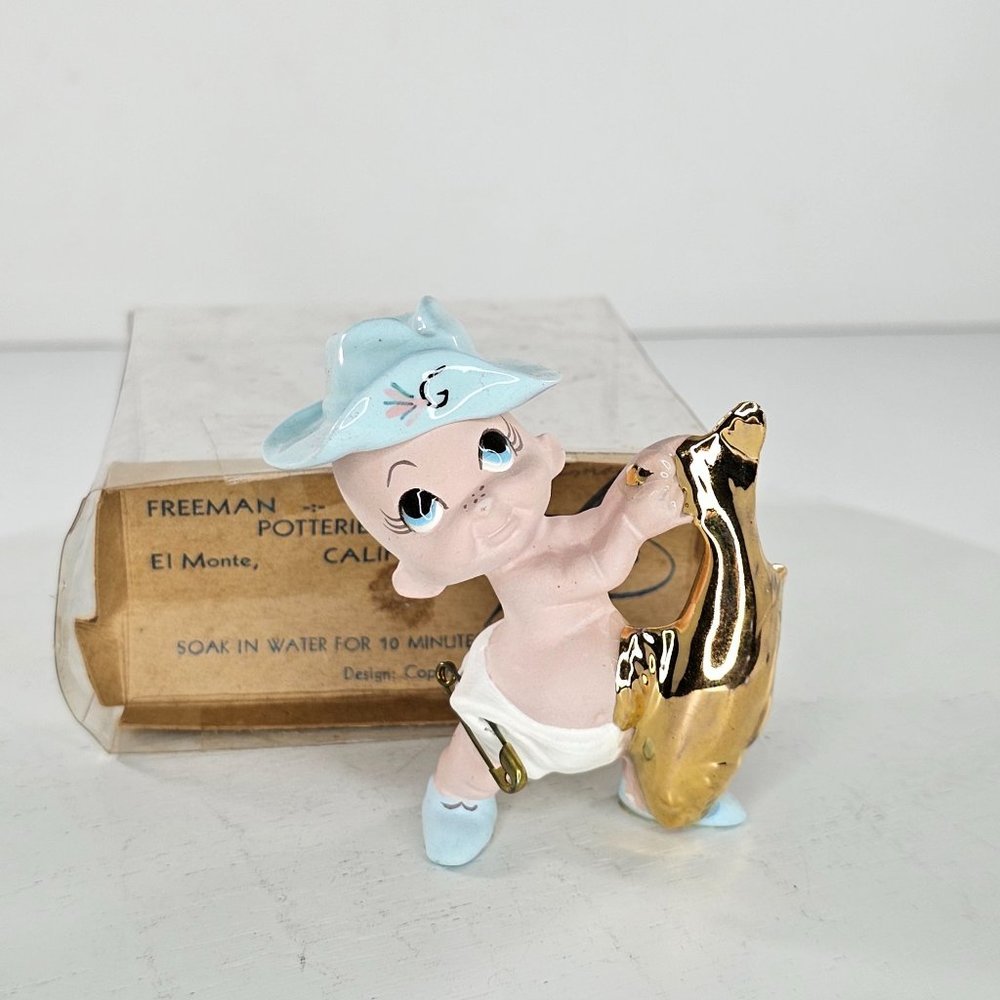 Freeman McFarlin Baby Holding Fish Figurine Diaper Pin Original Box